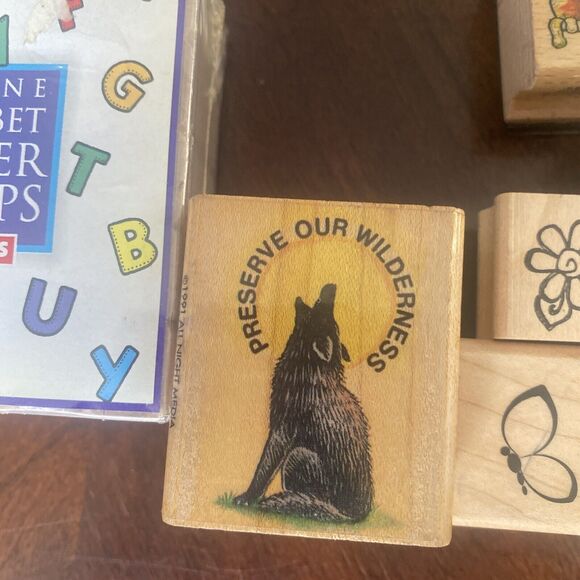 Lot of 15 Wood Mounted Rubber Stamps Holiday School + 30 Outline Alphabet Stamps - Picture 7 of 8